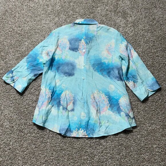 Shana Size Medium Fairy Tale Trees Button Up Aqua Blue Long Sleeve Coastal Shirt - Picture 5 of 14
